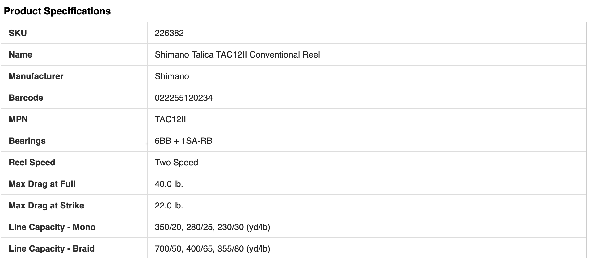 Shimano Talica II specs